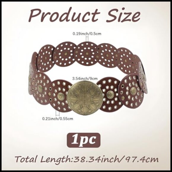 Vintage Disc Waist Belt Wide PU Leather Hollow Boho Western main image 4